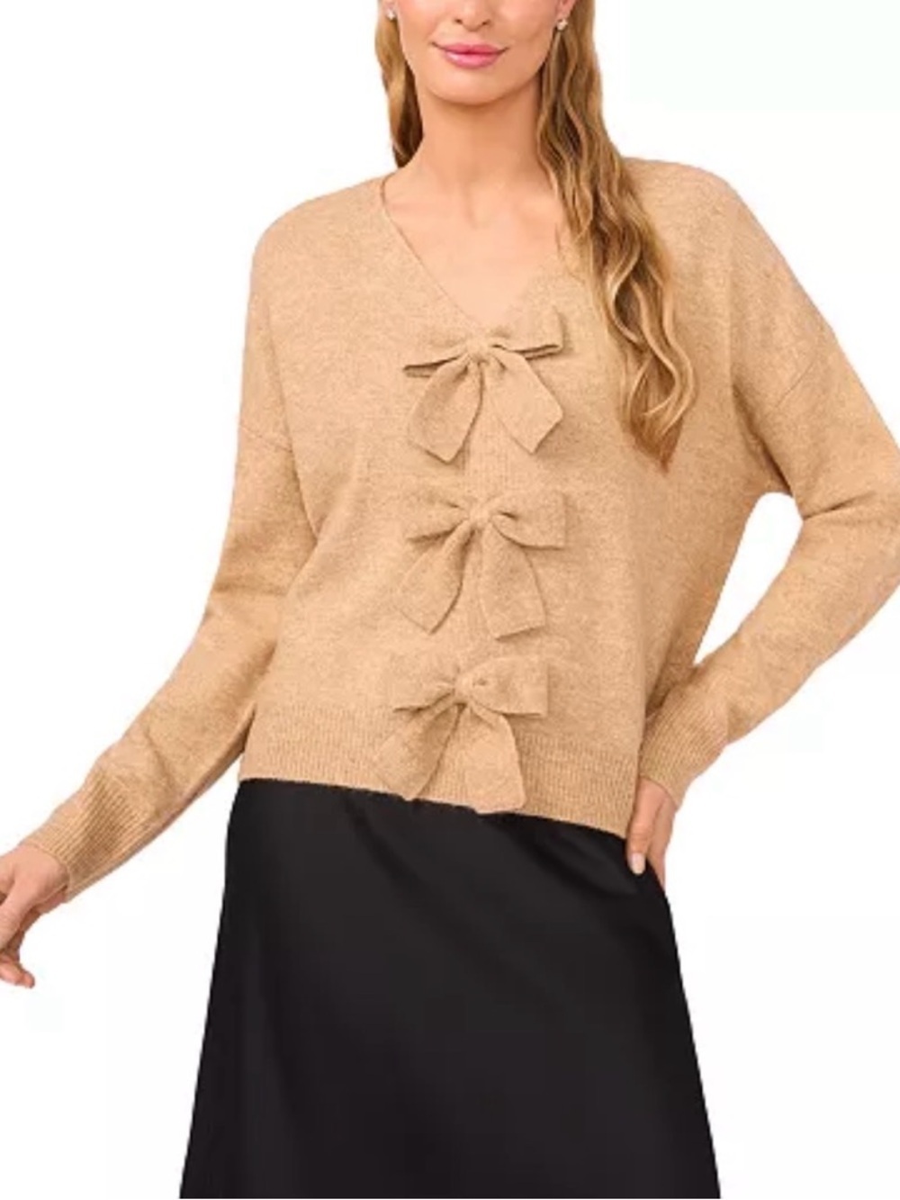 CeCe Tan Bow Front V-Neck Sweater Size XL